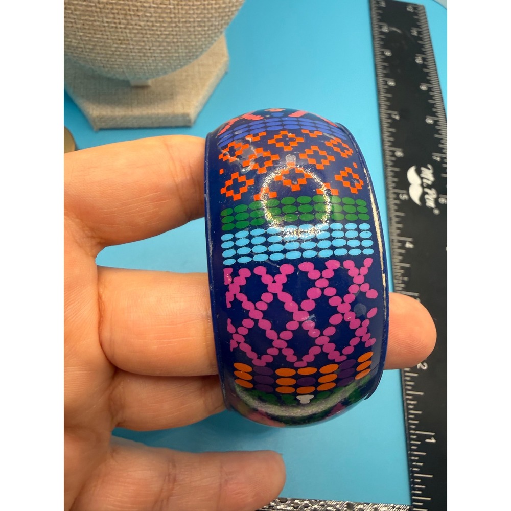 Vintage Cobalt Blue Resin Bangle Bracelet Colorful‎ Geometric Dot Pattern Wide